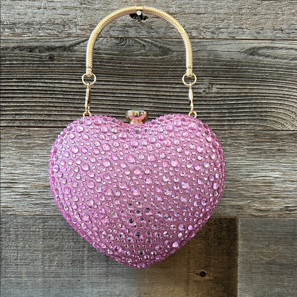 Ramla Pink Rhinestone Heart Shaped Clutch / Crossbody with Gold Hardware